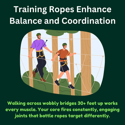 Illustrated poster shows benefits of ropes training for physical strength, core engagement, and balance