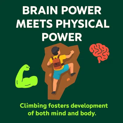 Illustrated graphic showing how the health benefits of climbing support body and brain strength