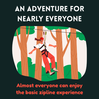 Illustrated person rides a zipline between trees, showcasing a fun and safe outdoor recreational activity