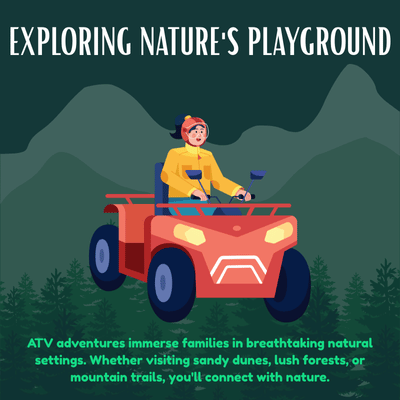 Illustrated infographic promotes family ATV adventures in forests, dunes, and mountains, connecting with nature together